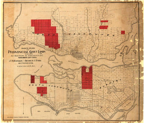 Hastings Townsite: Index of provincial government lands to be sold at auction 1906 (Hastings Townsite indicated in red). From the City of Vancouver Archives